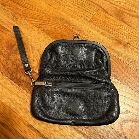 Cute HOBO brand black leather foldable clutch with strap. Magnetic closure. EUC - Picture 2 of 5
